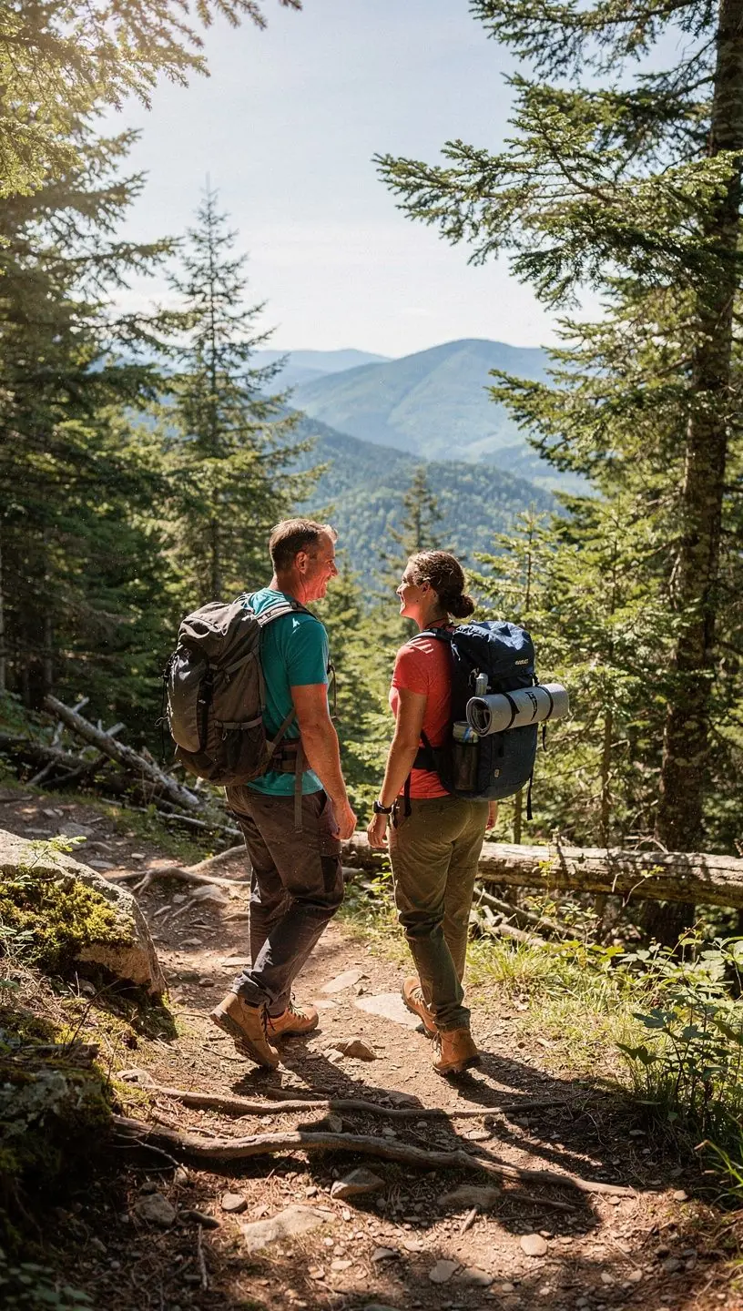 Тропа, ведущая к живописному водопаду среди леса, с туристами, наслаждающимися природой.