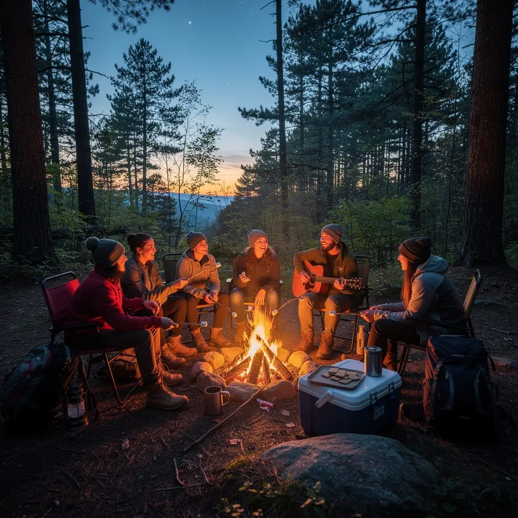 Тропа, извивающаяся через лес, с яркими цветами вдоль пути.