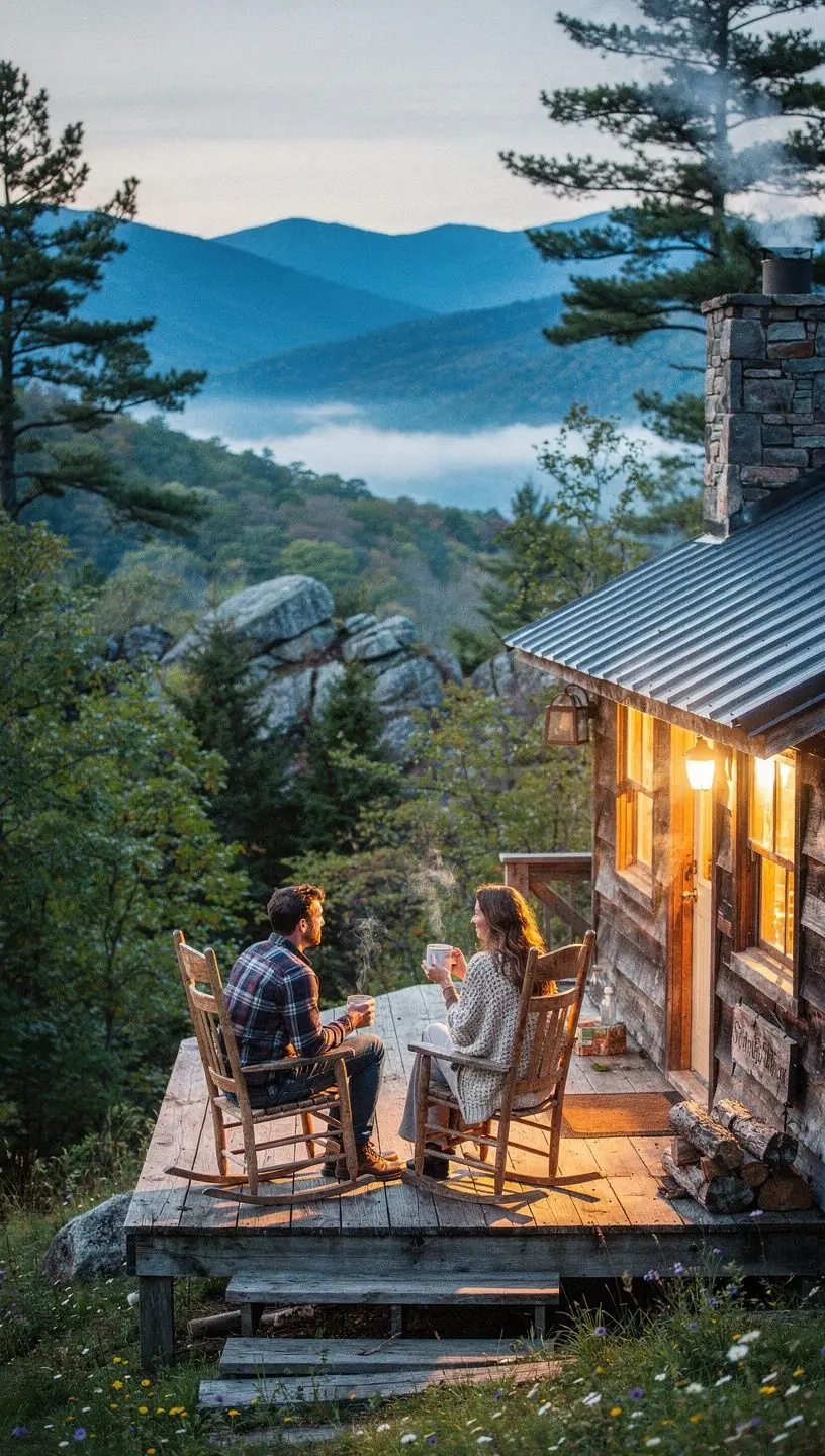 Горный пейзаж с тропой, окруженной зелеными деревьями и скалами.