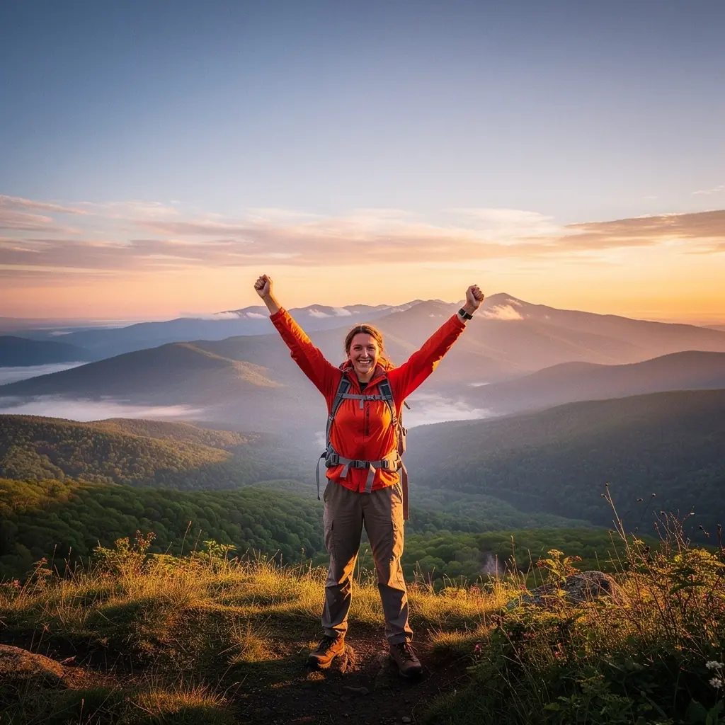 Пейзаж с горной тропой, окруженной зелеными деревьями и живописными видами на долину.