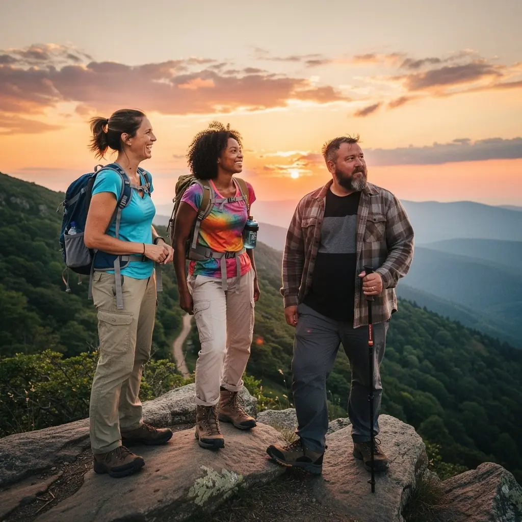 Горная тропа с живописными видами, ведущая к уютному городку на Аппалачах.