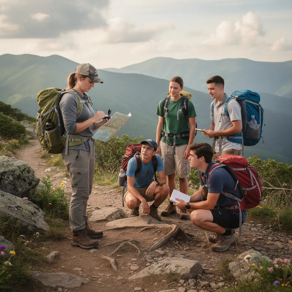 Тропа, окруженная зелеными деревьями, ведущая к уютному горному городку.